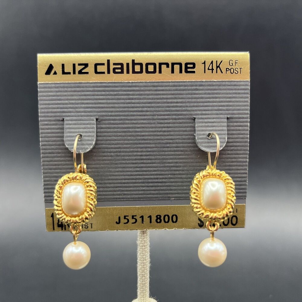 Liz Claiborne Faux Pearl Dangle Earrings Gold Filled Post Drop Classic Vintage